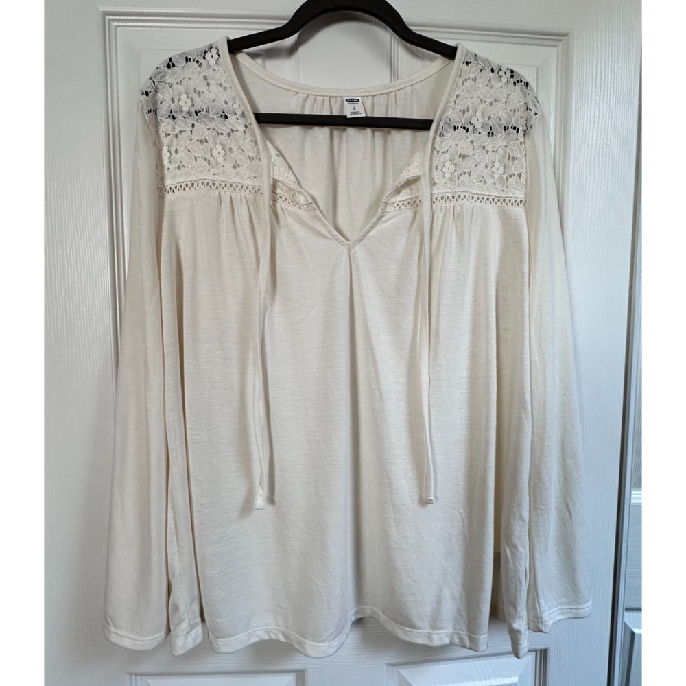 Old Navy Womens Large Cream Lace Yoke Tie Neck Bell Sleeve Knit Boho Peasant Top